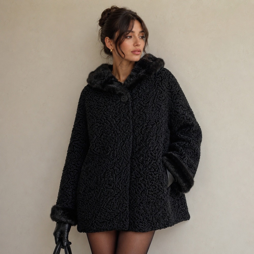 VTG 50s 60s Sz M / L Black Persian Curly Lamb Style Swing Jacket Mink Fur Collar